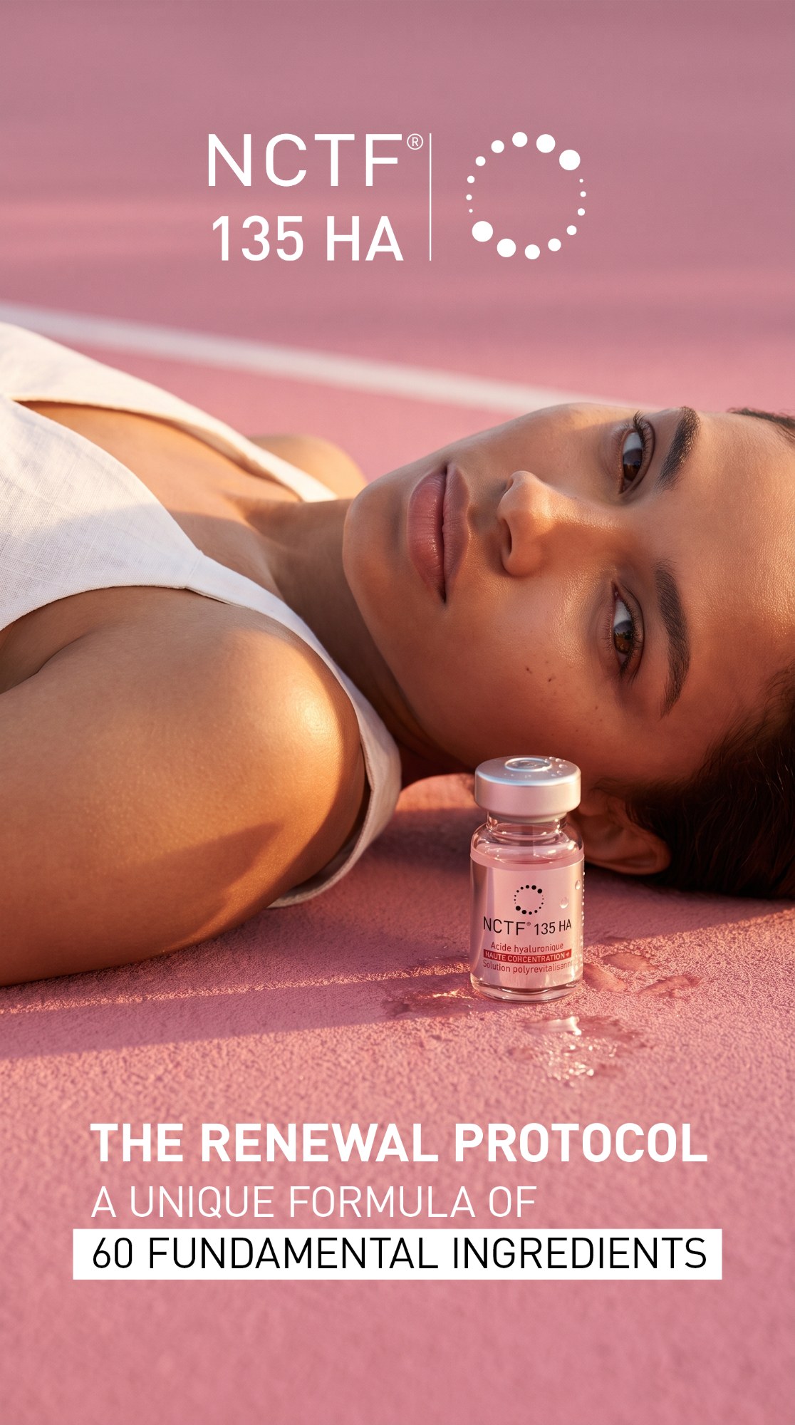 NCTF 135 HA key visual — The Renewal Protocol, vial on pink court